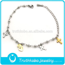 Brillante Pulido Dos Tonos Únicos Virgen María y Jesús Cruz Colgante Joyería de Acero Inoxidable Religioso Charm Ball Tobillo Pulsera